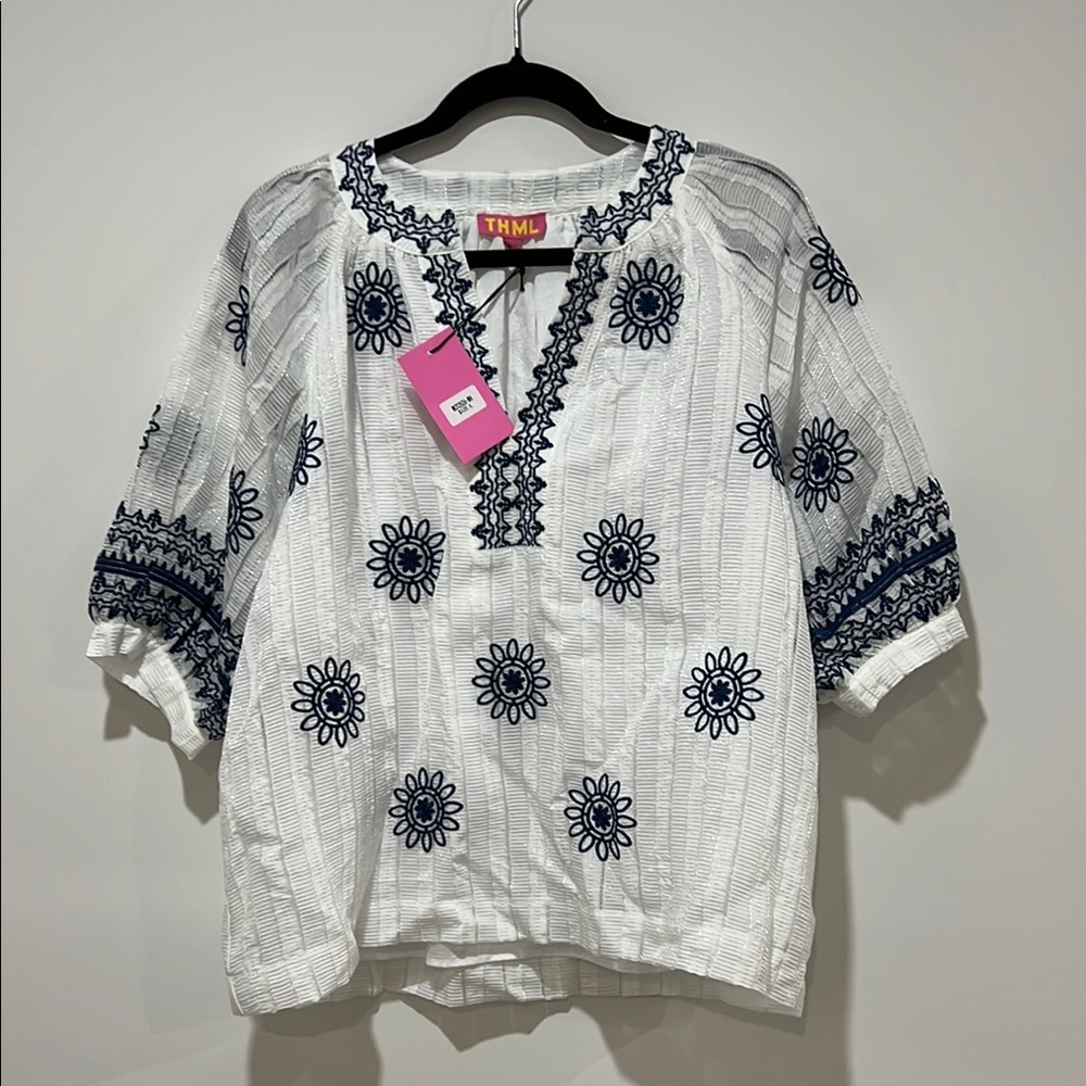 THML White Blouse with Navy Blue Embroidery - Picture 2 of 11